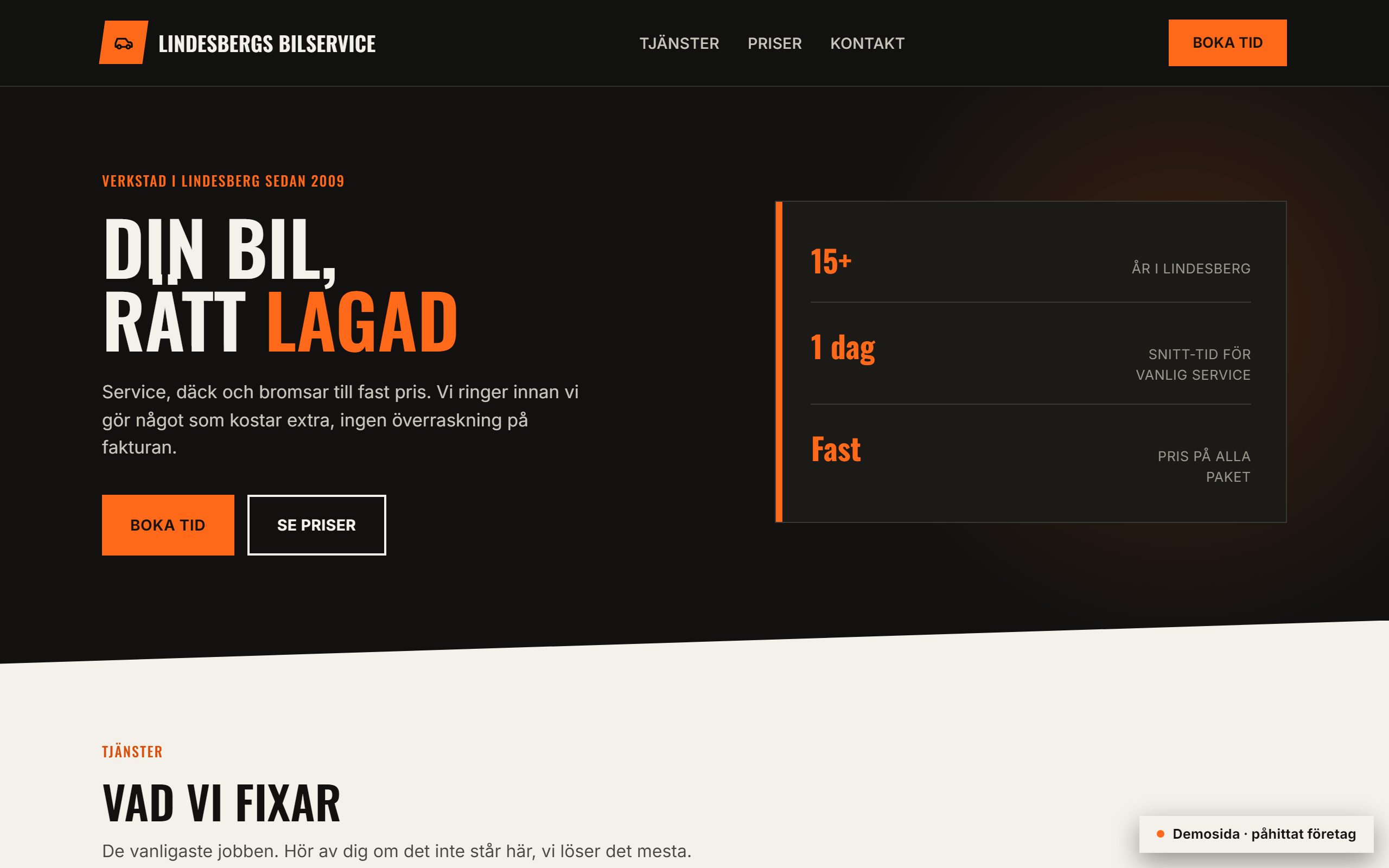 Startsidan för Lindesbergs Bilservice, en demosajt för en bilverkstad i mörk och rå stil.