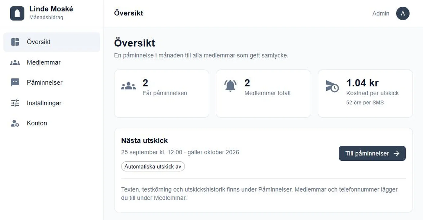Översiktsvyn i LindeMoske: antal medlemmar, kostnad per utskick och nästa schemalagda påminnelse.