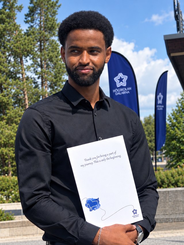 Abdimalik Hassan utanför Högskolan Dalarna på examensdagen, med examensbeviset i handen.