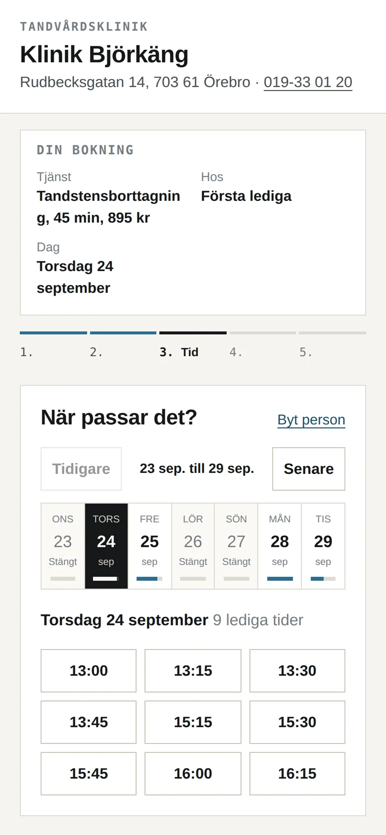 Bokningen för Klinik Björkäng på mobil: vald tjänst, veckans dagar och lediga tider.